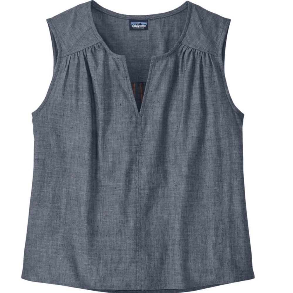 Patagonia Womens Handwoven Organic Cotton Shirred Top Sz L Sleeveless Denim Look
